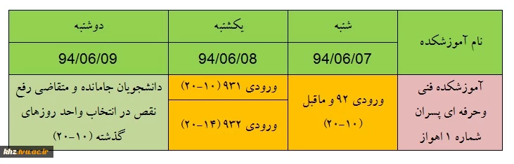 زمانبندی انتخاب واحد مهر 94